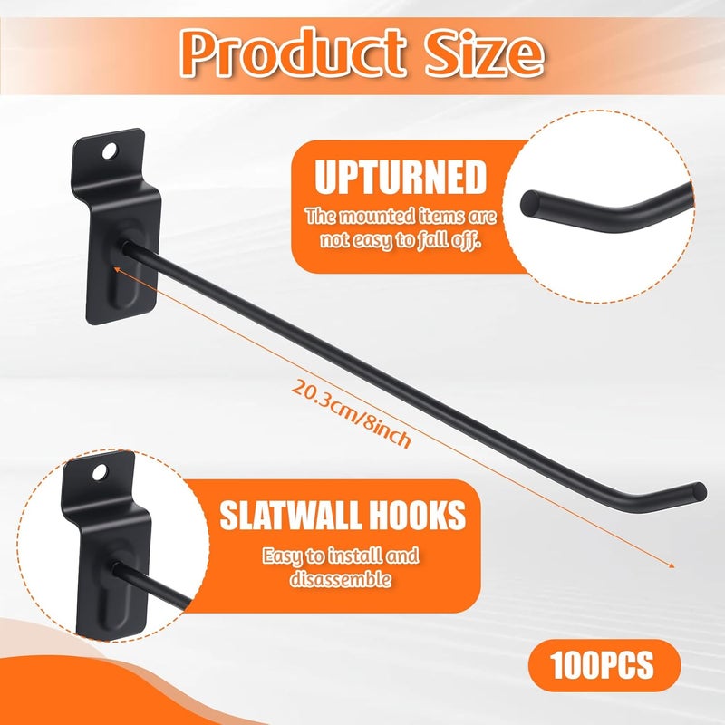Zelphvt 8 inch Slatwall Hooks, 100 Packs Panel Display Metal Slat Wall Hanging Hooks, Board Peg Accessories Heavy Duty Hanging Shelf Brackets Slat Board for Garage Retail Shop Shelf Accessories - Image 2